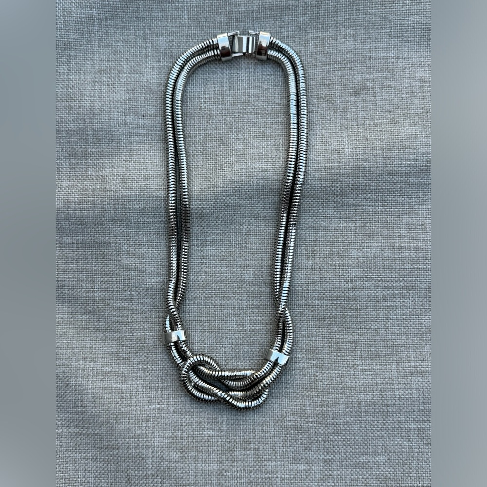 The Loft, Love Knot Necklace, Shiny Silver, Double Chain, Tight Clasp, 18”